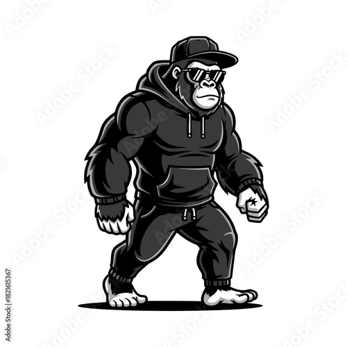 A powerful and stylish gorilla character illustration wearing a hoodie, cap, and sunglasses, walking confidently.