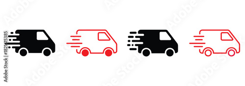 Fast delivery icons for express shipping solutions in black and red showing speed and efficiency, perfect for logistics branding and modern web design projects