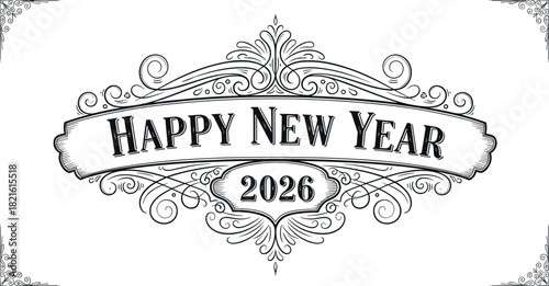Ornate happy new year greeting card for the year two thousand and twenty six on transparent background