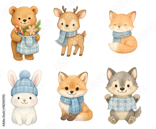 Cute winter woodland animals set with bear deer fox bunny and wolf in soft pastel style wearing blue scarves on transparent background for seasonal clipart and nursery design