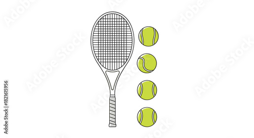Tennis racket and four lime green tennis balls on a white background.