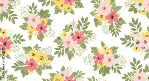 Seamless floral pattern with watercolor-style flowers in pink, yellow, and green.