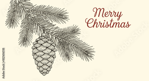 Vintage illustration of a pine cone ornament on a fir branch with merry christmas text.