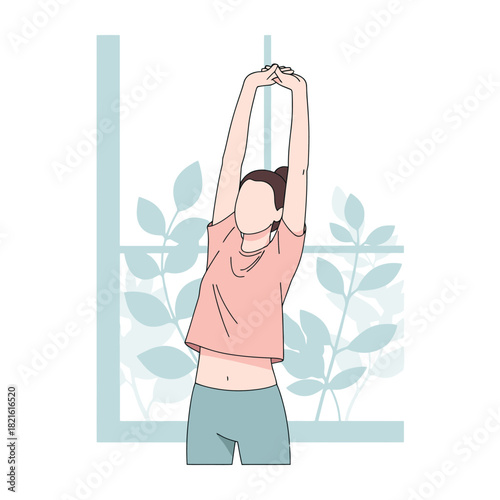 A woman stretching her arms above her head, doing a side bend indoors with plants in the background, illustrating a morning routine or light exercise.