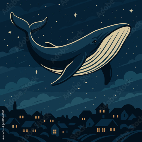 Whale swimming through a starry night sky above a town