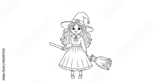 Cute cartoon witch with long wavy hair and a pointed hat holding a broomstick.