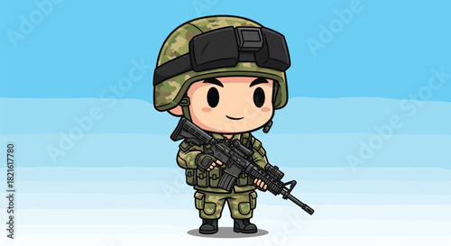 Cartoon Soldier Holding Rifle on Patrol in Camouflage Gear Against Blue Sky Background, Military Illustration for Children's Book or Video Game, Protection Concept Art, Mascot Character Design, Vector