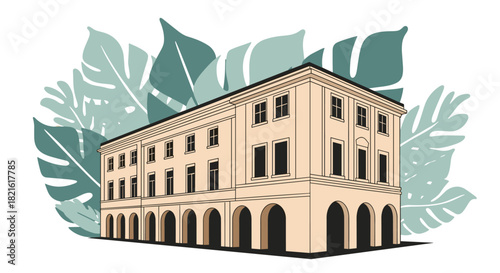 A stylized illustration of a tan, multi-story building with arched walkways in the foreground and large, muted green leaves behind it.