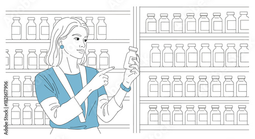 Woman pointing at medicine bottles on a shelf in a pharmacy or laboratory setting.