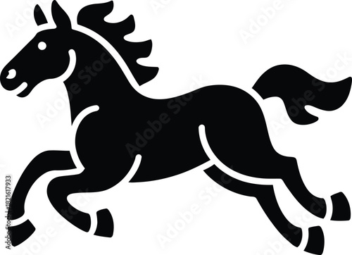 Vector dynamic black silhouette of a powerful horse in midgallop, showcasing strength and movement, isolated on white background