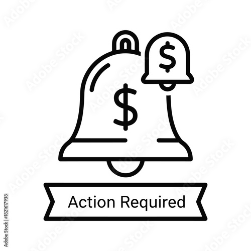 Line icon of money notification bell with action required banner