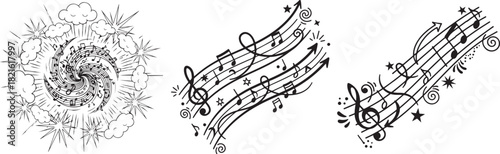 Black and White Swirling Musical Notes with Explosive Elements