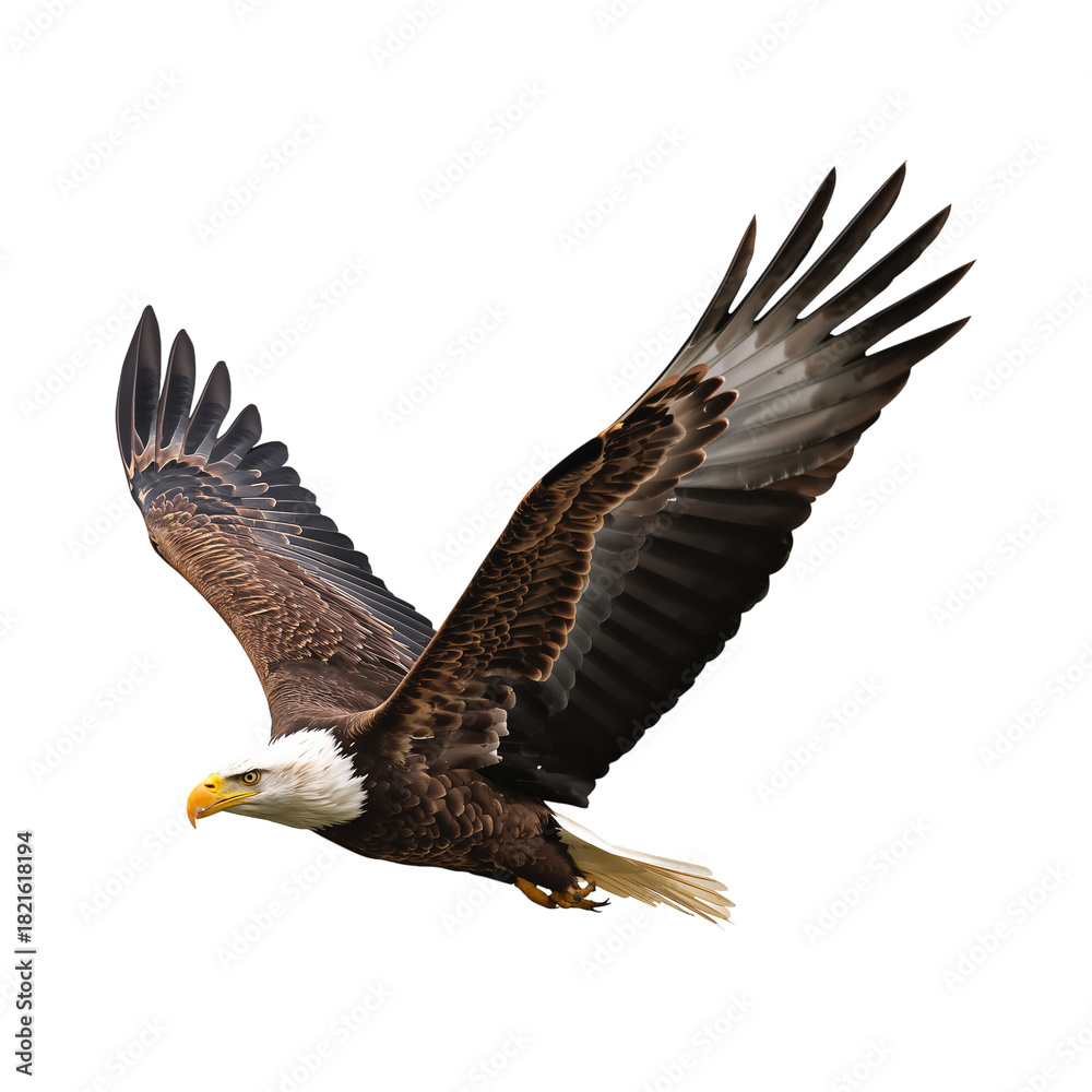 Naklejka premium Bald Eagle Soaring Through the Sky in Search of Prey During Daylight Hours