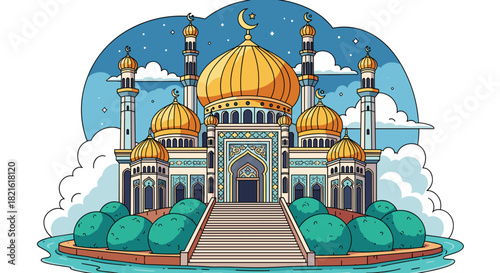 Mosque Illustration Adorned with Golden Domes and Minarets Amidst Lush Greenery, Evoking Tranquility and Spirituality Against a Night Sky Backdrop, Ideal for Ramadan Greetings, Eid Designs, Islamic Ed