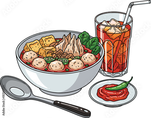 Delicious Bakso Meatball Soup Meal with Iced Tea and Chili Sauce, Traditional Indonesian Cuisine Culinary Experience, Served in Restaurant Setting, Food Illustration for Menu Design, Advertising, Reci