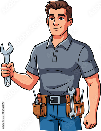 Smiling Repairman Holding Wrench Inspecting Job Site Ready to Work on Plumbing Project, Maintenance & Home Renovation. Cartoon Style Illustration for Professional Services Marketing & Skilled Trades A