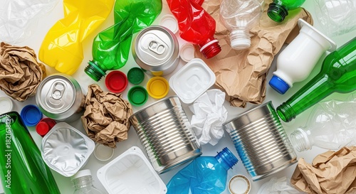 Various recyclable waste items including plastic bottles, metal cans, paper, and colorful caps arranged on white surface. Perfect for environmental awareness and recycling campaigns.