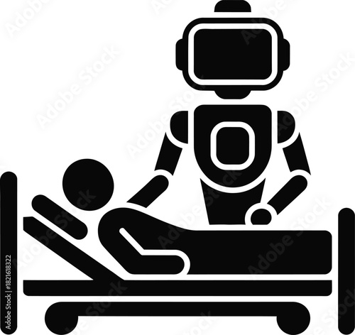 Vector robot nurse caring for a patient in a hospital bed, illustrating artificial intelligence in healthcare, isolated on white background