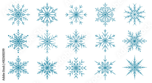 Collection of fifteen unique blue snowflake illustrations on a white background.