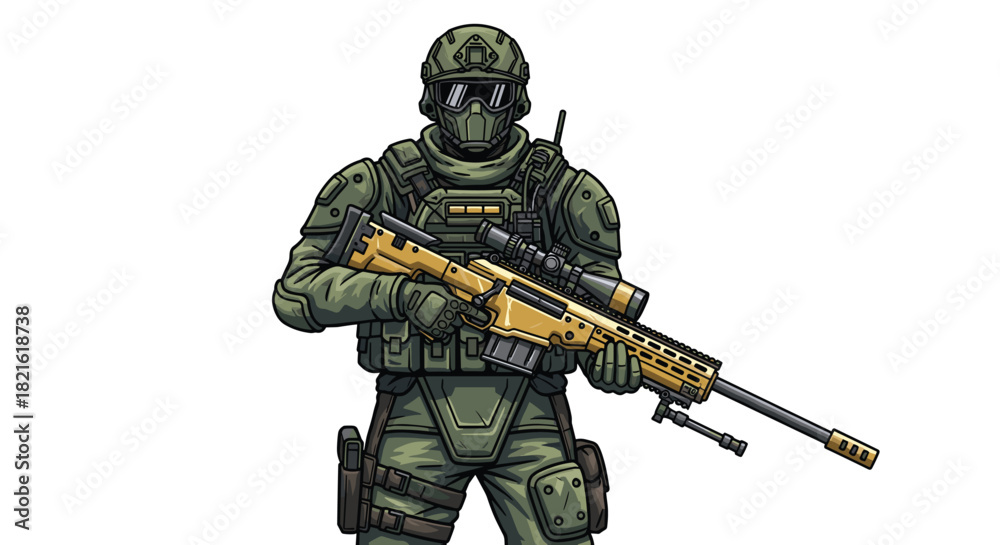 Fototapeta premium Futuristic Soldier Aiming Sniper Rifle Illustration Ready for Action in Tactical Gear Against White Background. Modern Military Warrior Drawing for Video Games, Graphic Novels and Digital Marketing (1