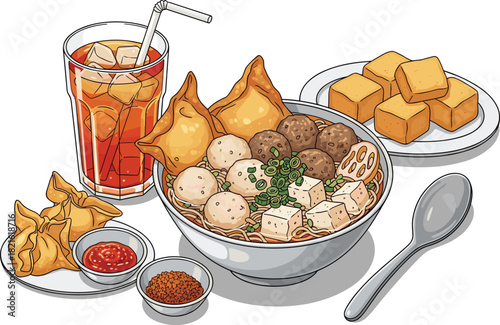 Enjoying a Delicious Bowl of Indonesian Bakso Soup Outdoors: A Culinary Adventure with Noodles, Meatballs, and Crispy Wontons, Served with Iced Tea, Perfect for Asian Cuisine Marketing and Restaurant
