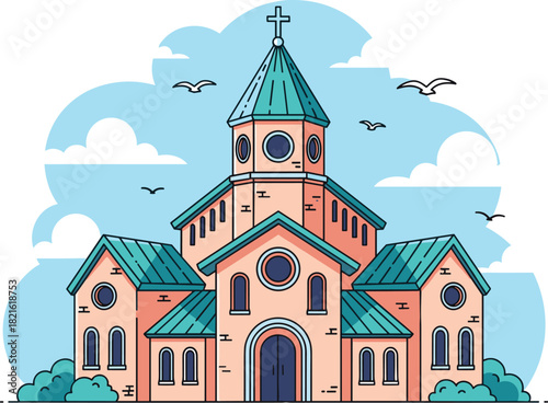 Detailed Illustration of a Church Building with Teal Roof, Set Against a Serene Sky with Clouds, Suitable for Religious Projects, Spiritual Content, or Architectural Visuals,  Modern Design, Architect