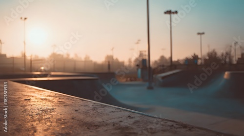 Urban skatepark at sunrise with warm light and fog in the background