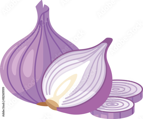 Vector whole and halved purple onion with sliced rings, showcasing fresh vegetable layers, isolated on white background