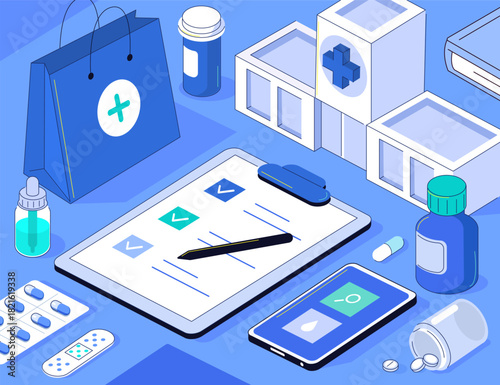 Medical workspace vector illustration. Various pills, tablets, medicine packaging on doctor desk. Modern medicine, healthcare, hospital outline isometric background.