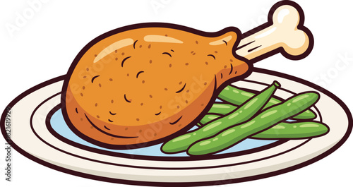 Cartoon Roasted Chicken Leg Dinner with Green Beans on Plate, Delicious Meal Illustration for Food Blog, Restaurant Menu, Gastronomy Presentation, Culinary Education, Kids' Nutrition Guide, Healthy Ea