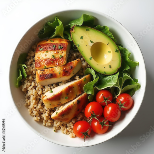 A fresh, nutritious bowl featuring grilled chicken, avocado, cherry tomatoes, lettuce, and grains, ideal for healthy food concepts