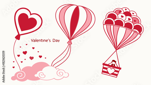Valentine's day themed illustration with heart balloons and a person in a basket floating in the air