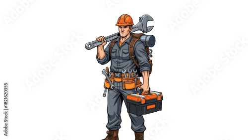 Determined Construction Worker Ready for Industrial Maintenance and Repairs: Tradesman in Overalls with Tools Ready for Plumbing, Engineering and Renovations Projects Illustration Style Design, Constr