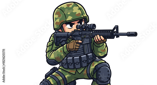Cartoon Soldier Aiming Rifle in Combat Stance - Military Operation, Vigilant Defender in Camouflage Uniform, Detailed Illustration for Gaming, Animation & Graphic Novels - Strategic Warfare, Patriotic