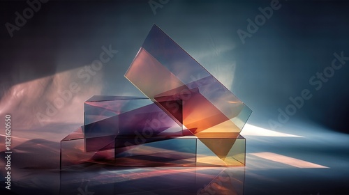 Folded translucent acrylic sheets layered with thin air gaps, internal reflections catching soft tint gradients in a geometric abstract studio setup