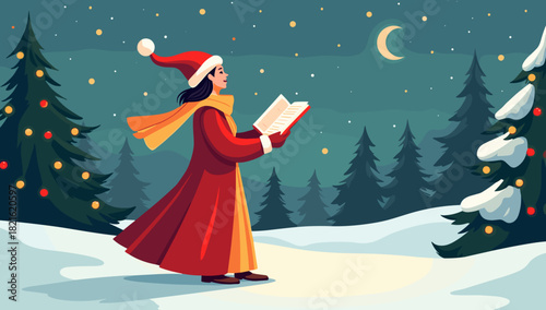 A woman in red coat and yellow scarf reads carol book under moonlit snowy forest with decorated trees, festive singing atmosphere