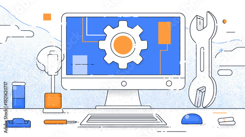 Digital illustration of a desktop computer with a gear icon, symbolizing system setup, software development, IT support, and configuration