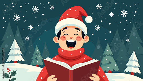 A cheerful boy in red sweater sings carols holding book in snowy forest with falling snowflakes, joyful winter atmosphere
