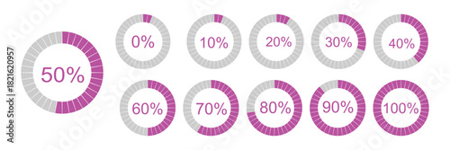 Percentage infographics simple elements. Round diagrams icons for infographics from 0 to 100 percent. Colour fill divided pie charts indicators in  Mockup of circle graph loading