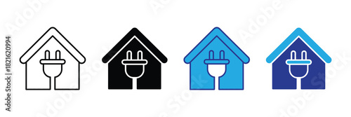 Set of four house icons with electric plug inside, representing home energy, power supply, and electrical services, isolated