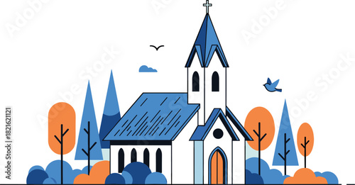 Stylized Church Illustration Standing Peacefully Amidst a Whimsical Landscape with Blue Sky and Decorative Trees, Ideal for Religious Themes, Presentations, Modern Marketing Materials, and Website Des