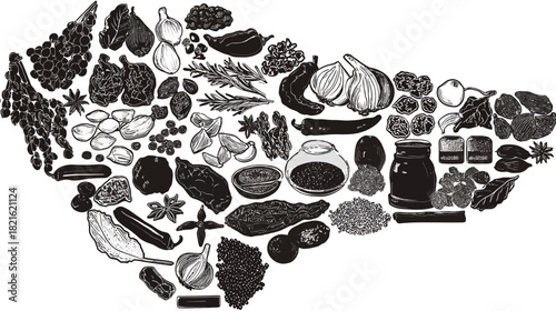 Detailed Black and White Vector Illustration of Culinary Spices and Herbs Forming an Abstract Geographical Silhouette