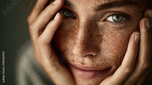 Close-up portrait of a young woman with natural freckles gently applying moisturizer to her temple, clean studio background and soft diffused beauty lighting