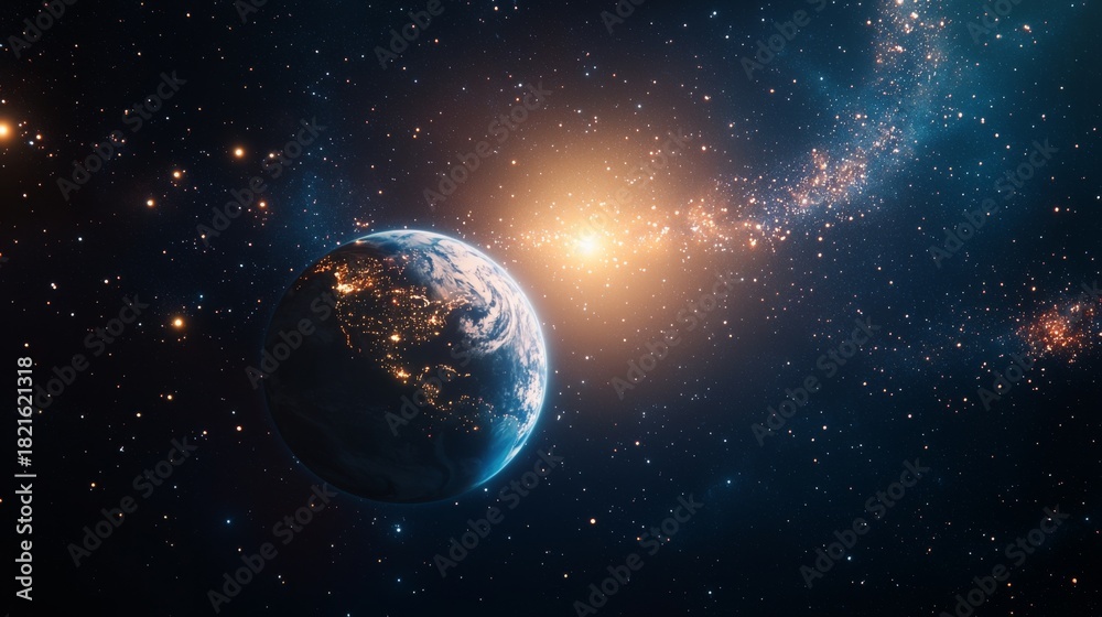 Fototapeta premium Planet Earth and Glowing Galaxy in the Starry Cosmos