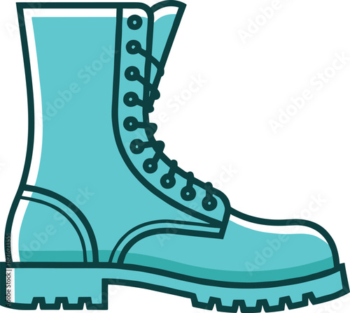 Bright Turquoise Lace-Up Combat Boot Vector Illustration, Military Style Footwear with Lug Sole