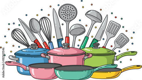 Colorful Kitchenware Arrangement of Pots, Pans, and Utensils for Home Cooking Presentation, Representing Culinary Arts, Gastronomy, and Family Meals in a Modern, Cartoon Style Illustration with Cookin