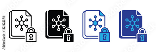 Digital document security icon with network molecular structure and padlock symbol, representing data protection and secure information transfer, isolated