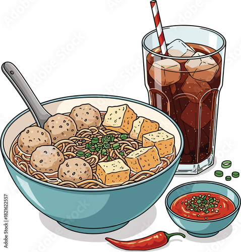 Delicious Bakso Meal Composition, Noodles, Meatballs, and Tofu Enjoyed with Refreshing Drink, Garnished, Served in Restaurant, Colorful Culinary Artwork for Food Blog, Menu Illustration, Recipe, Prese