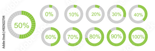 Percentage infographics simple elements. Round diagrams icons for infographics from 0 to 100 percent. Colour fill divided pie charts indicators in  Mockup of circle graph loading