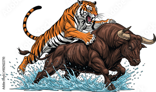 Dynamic Vector Illustration of a Tiger Attacking a Bull in Raging Waters, Symbolizing Aggression and Competition for Financial Markets and Investment Opportunities, with Bold Colors for Presentations